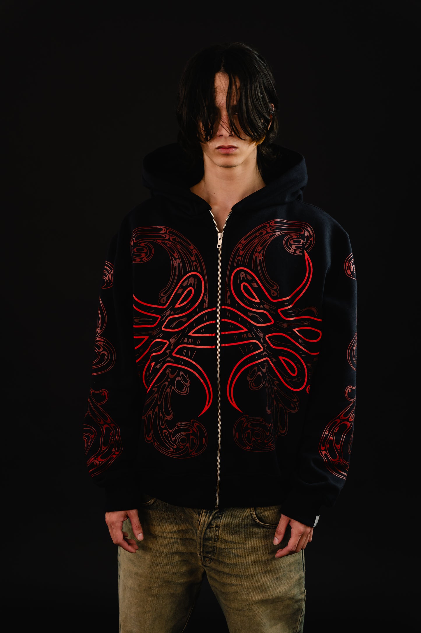 Hoodie Zip "Hoja de Acanto" (Negro x Rojo)