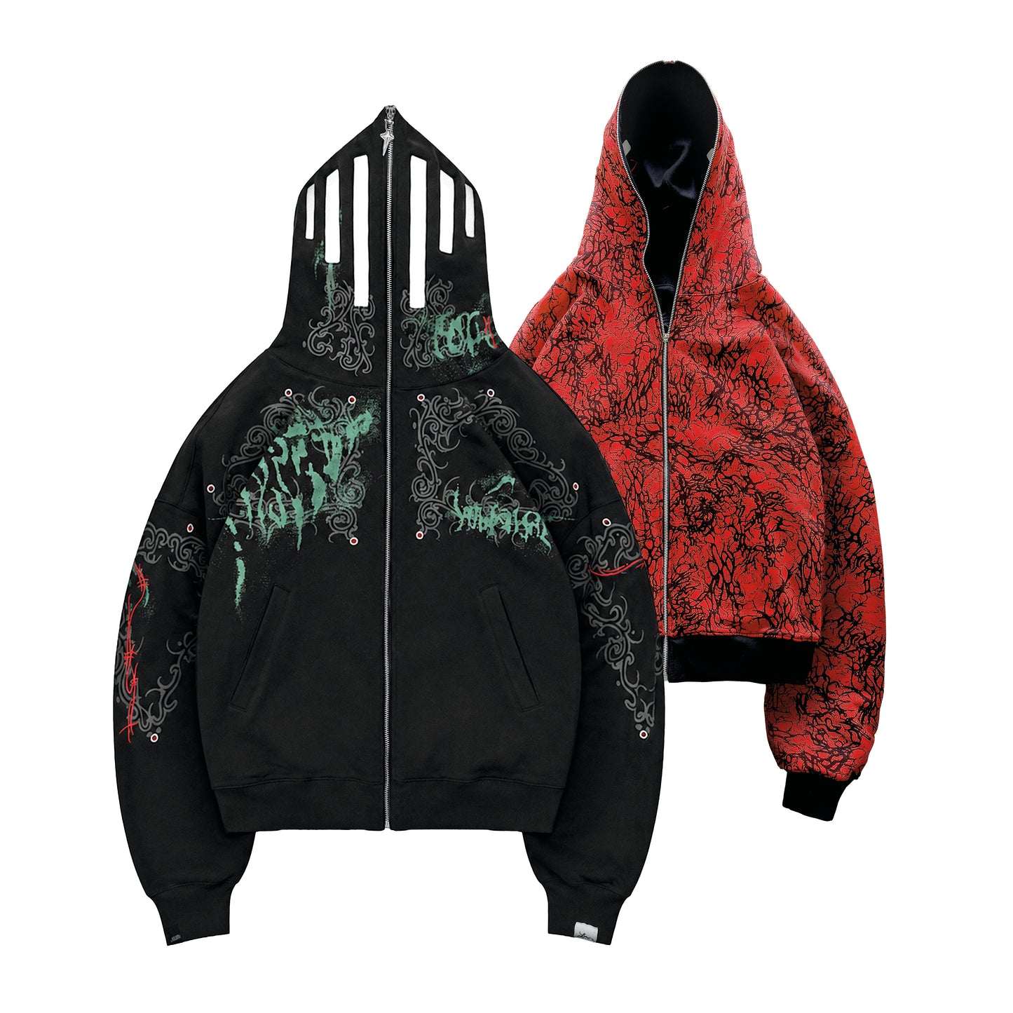 Hoodie Full Zip Reversible "Armadura" Rotten x Bossio (Negro x Rojo)