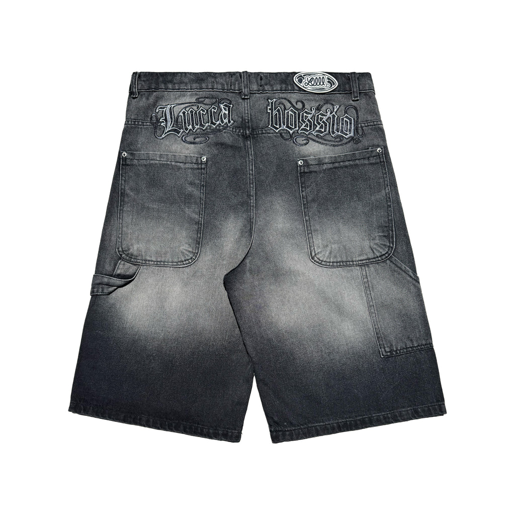 Bermuda Carpintera Jean Baggy “GoticoFileteado” (Negro Lavado)