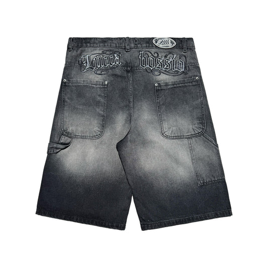 Bermuda Carpintera Jean Baggy “GoticoFileteado” (Negro Lavado)